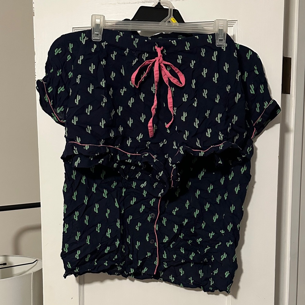 Tabitha Navy Cactus Print Short Pajama Set with Pink Trim